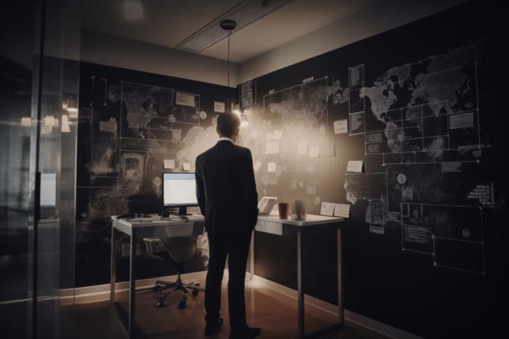 Businessman Working Late in Office with World Map on Wall