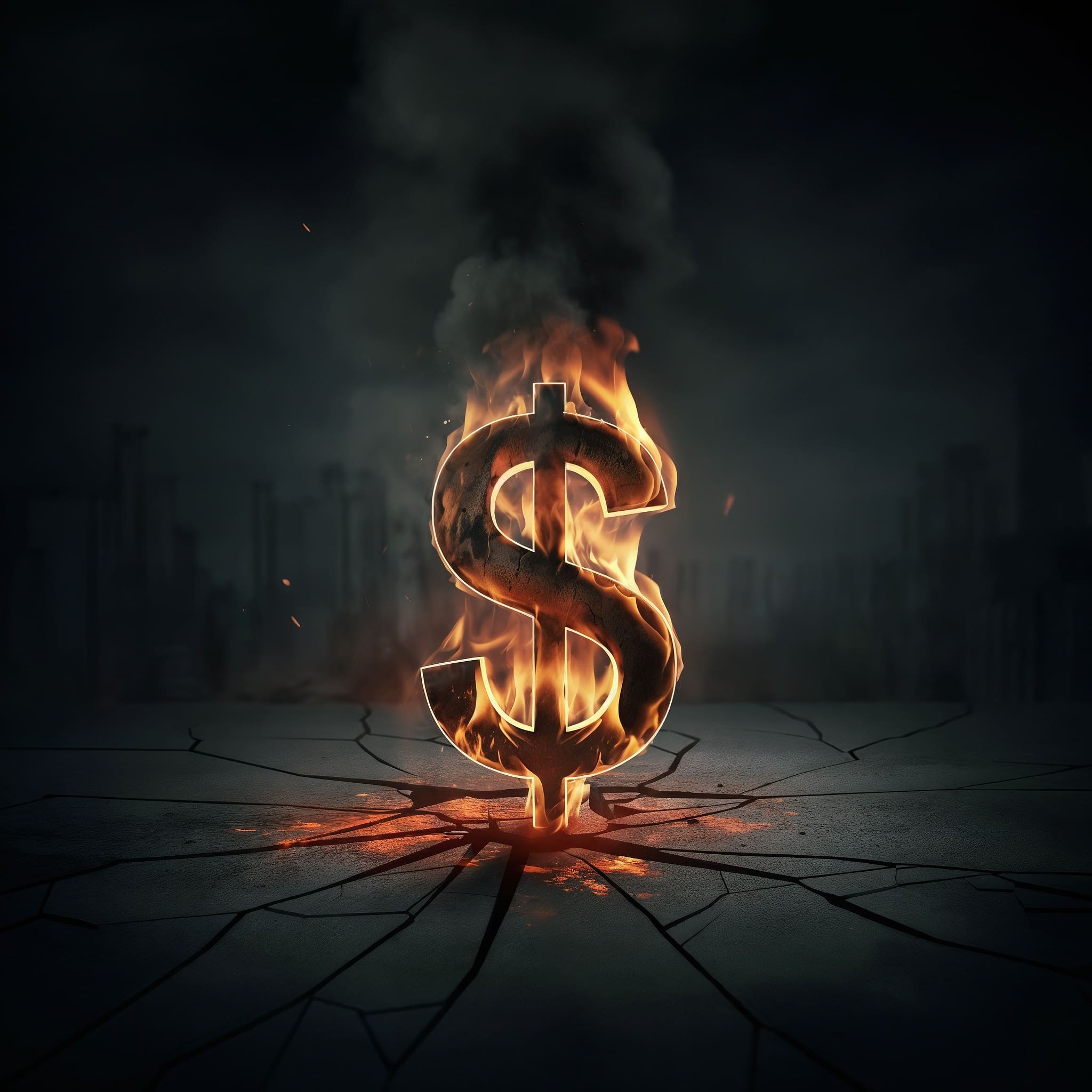 burning dollar sign symbol with fire and smoke. illustration of economic recession great depression volatility in stock market and economy