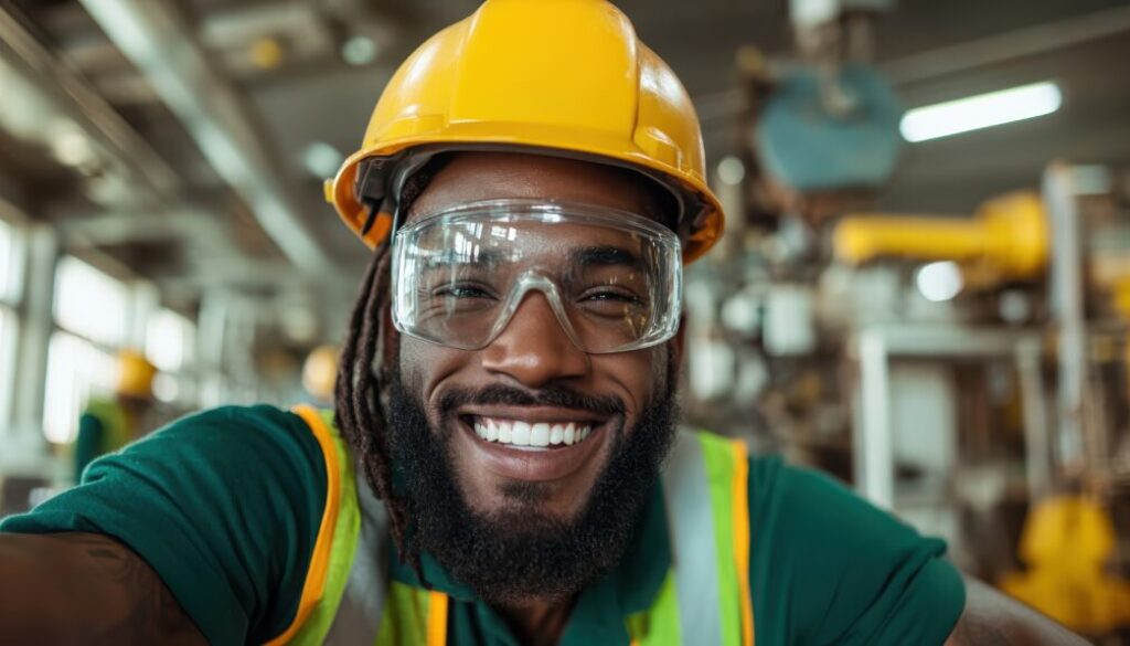 A high fulfillment factory worker with safety gear radiates positivity and pride, showcasing the importance of a safe and happy work environment in various industrial settings today.