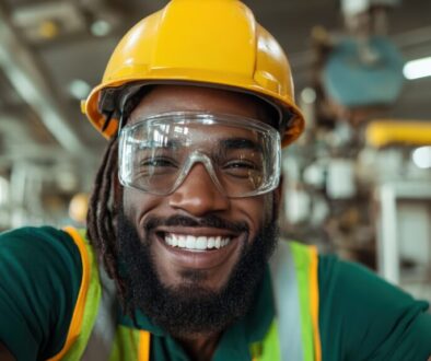 A high fulfillment factory worker with safety gear radiates positivity and pride, showcasing the importance of a safe and happy work environment in various industrial settings today.